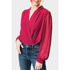 Gibson Look Women’s Long Sleeve Blouson Surplice Bodysuit Dotted Swiss Wine L